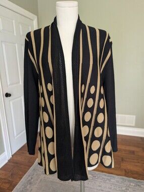 Evidence Women's Open Front Cardigan Black Tan Polka Dot Striped Size Small